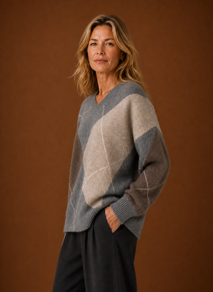 Women's Oversized Argyle Sweater, Vintage Knit Pullover