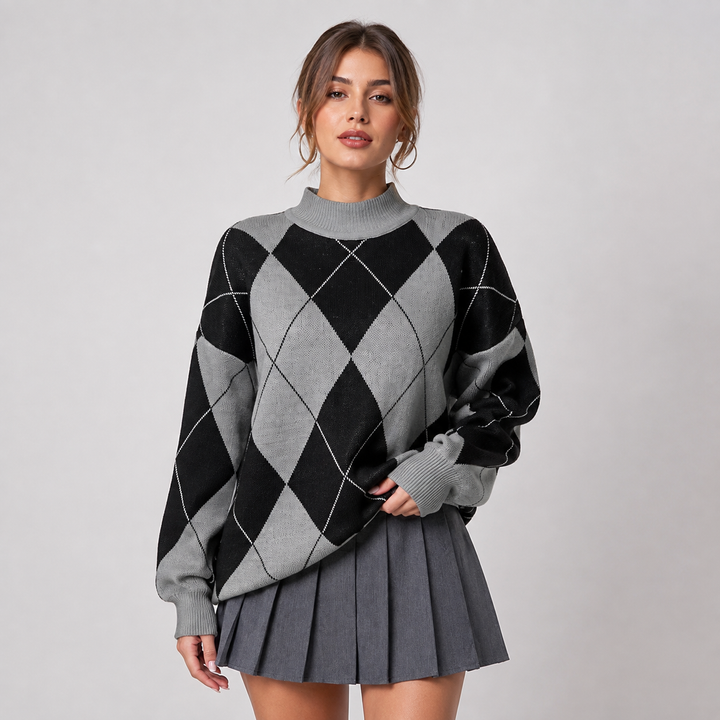 Women's Argyle Sweater, High Neck Color Block Knit Pullover