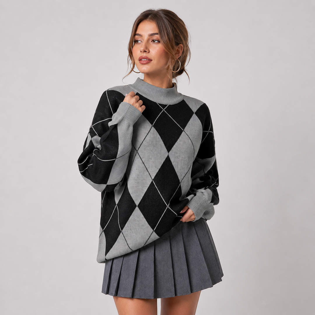 Women's Argyle Sweater, High Neck Color Block Knit Pullover