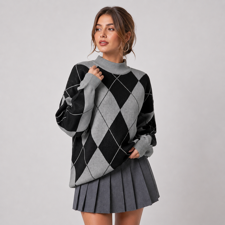 Women's Argyle Sweater, High Neck Color Block Knit Pullover