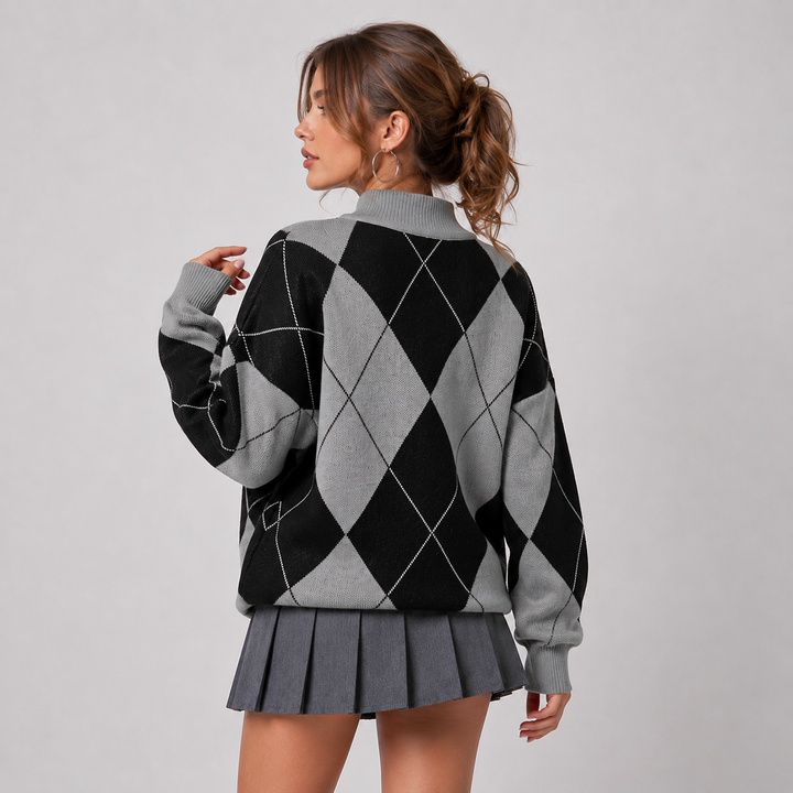 Women's Argyle Sweater, High Neck Color Block Knit Pullover