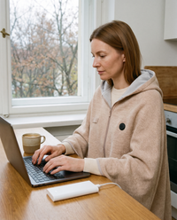 Heated shawl worn while working from home, powered by a USB power bank