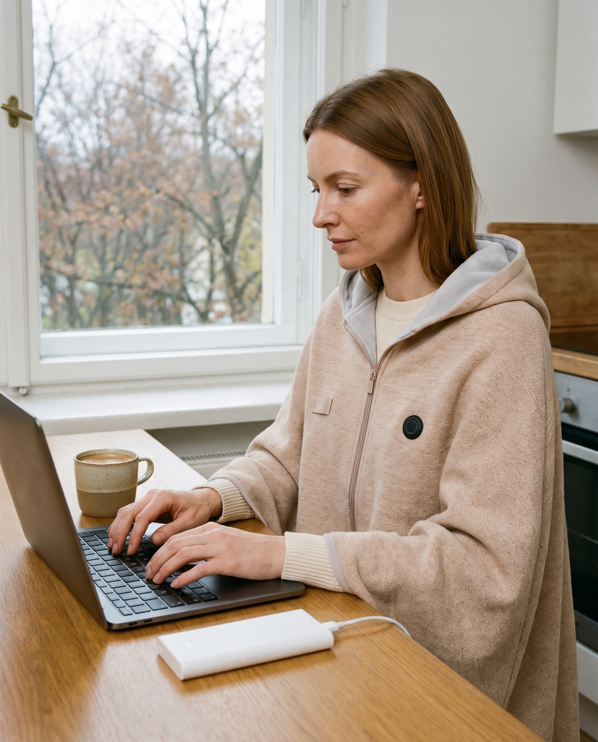 Heated shawl worn while working from home, powered by a USB power bank