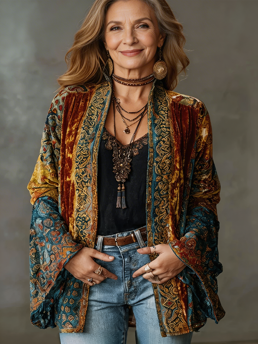 Women's Velvet Jacket, Boho Print Open Front Lightweight Outerwear