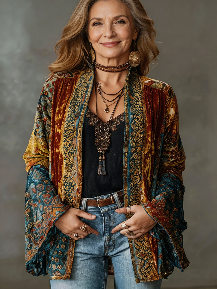 Women's Velvet Jacket, Boho Print Open Front Lightweight Outerwear