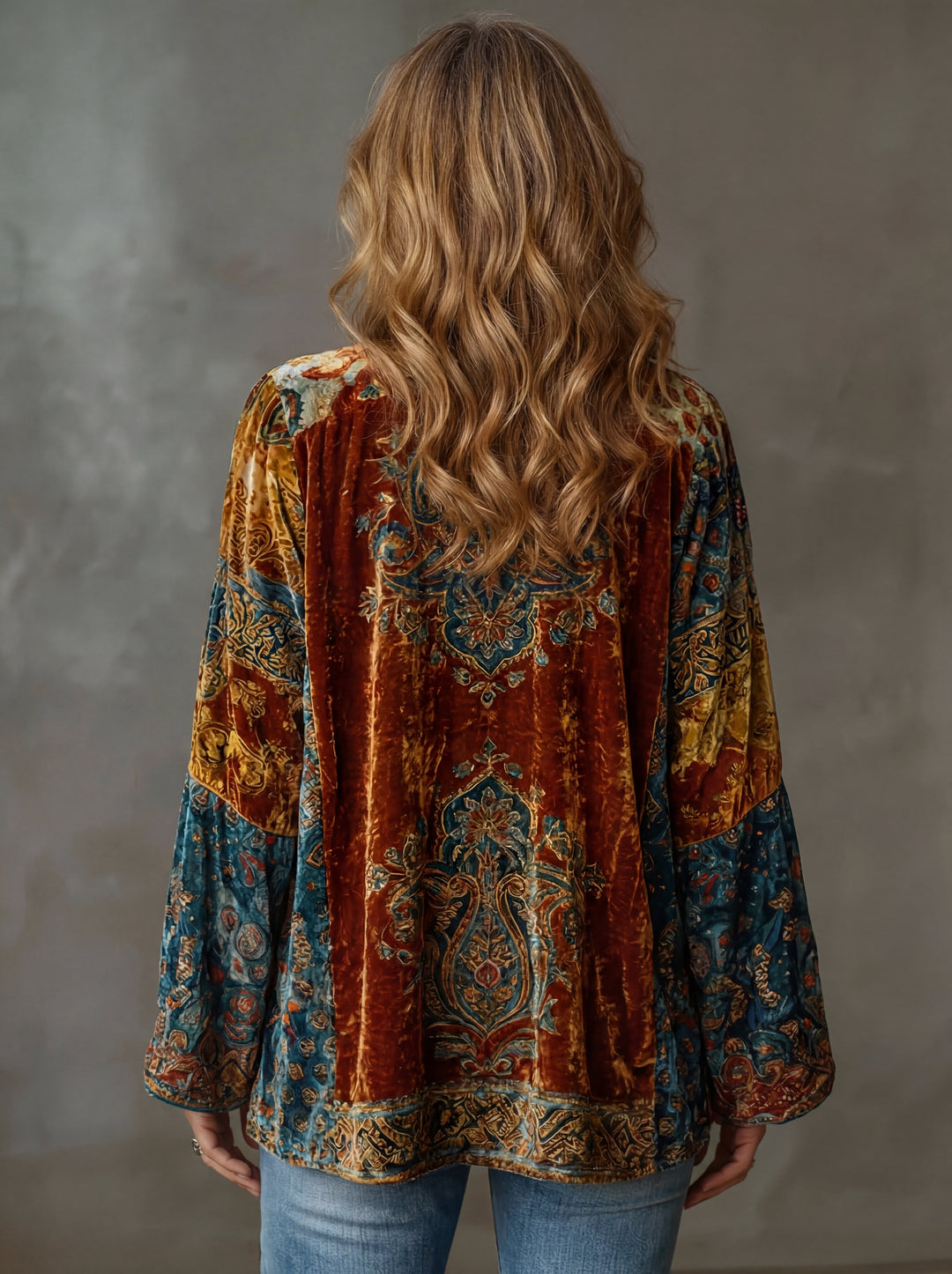 Women's Velvet Jacket, Boho Print Open Front Lightweight Outerwear