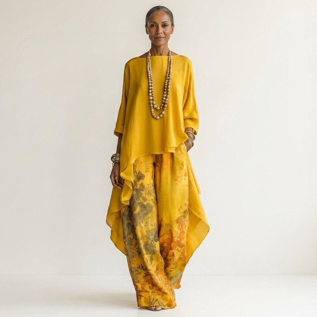 Women's Cotton-Silk Asymmetric Tunic and Floral Wide-Leg Pants Set in Yellow