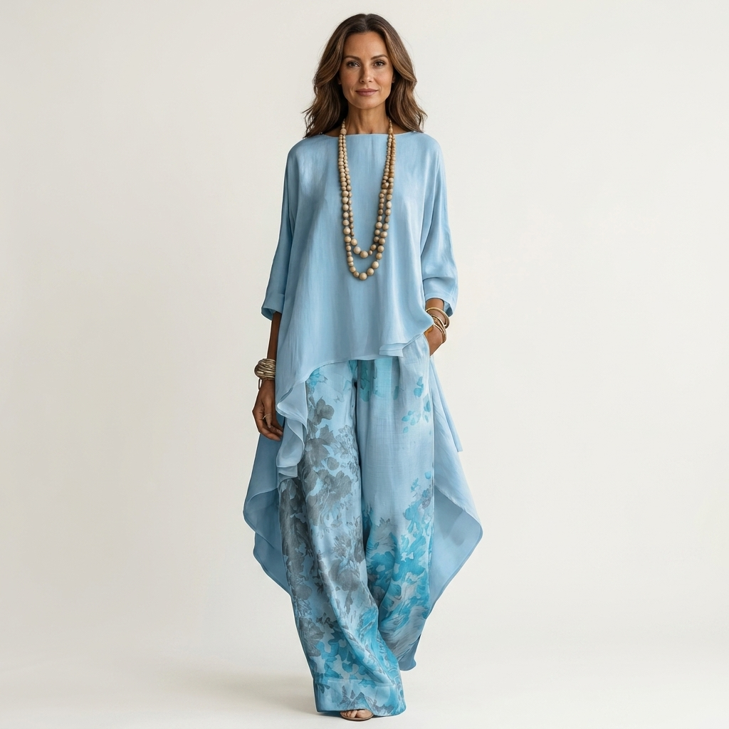 Women's Cotton-Silk Asymmetric Tunic and Floral Wide-Leg Pants Set in Blue