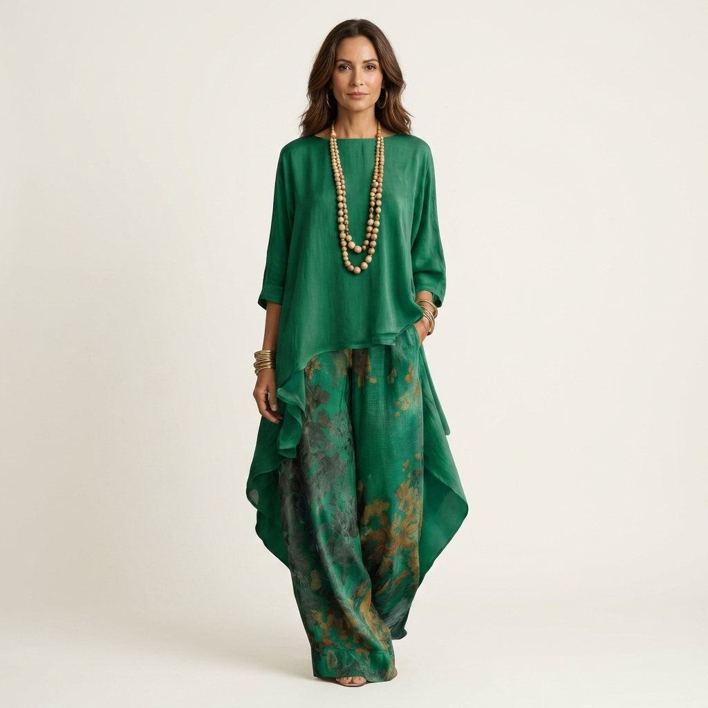 Women's Cotton-Silk Asymmetric Tunic and Floral Wide-Leg Pants Set in Green