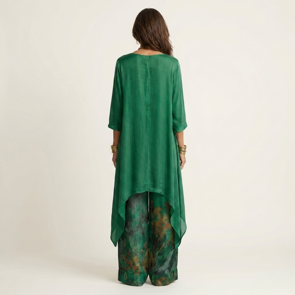 Women's Cotton-Silk Asymmetric Tunic and Floral Wide-Leg Pants Set, view 2