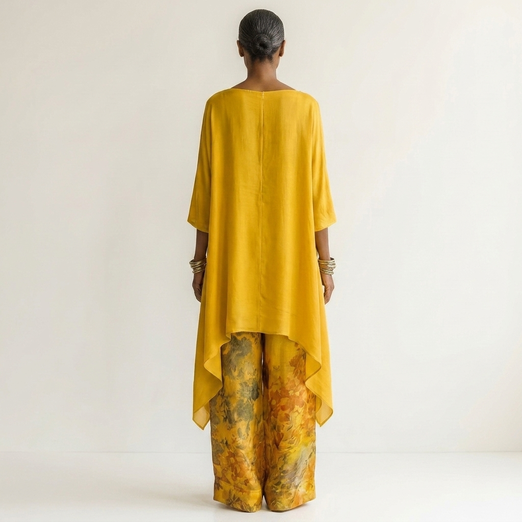 Women's Cotton-Silk Asymmetric Tunic and Floral Wide-Leg Pants Set, view 4
