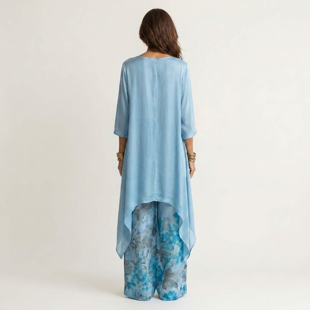 Women's Cotton-Silk Asymmetric Tunic and Floral Wide-Leg Pants Set, view 3