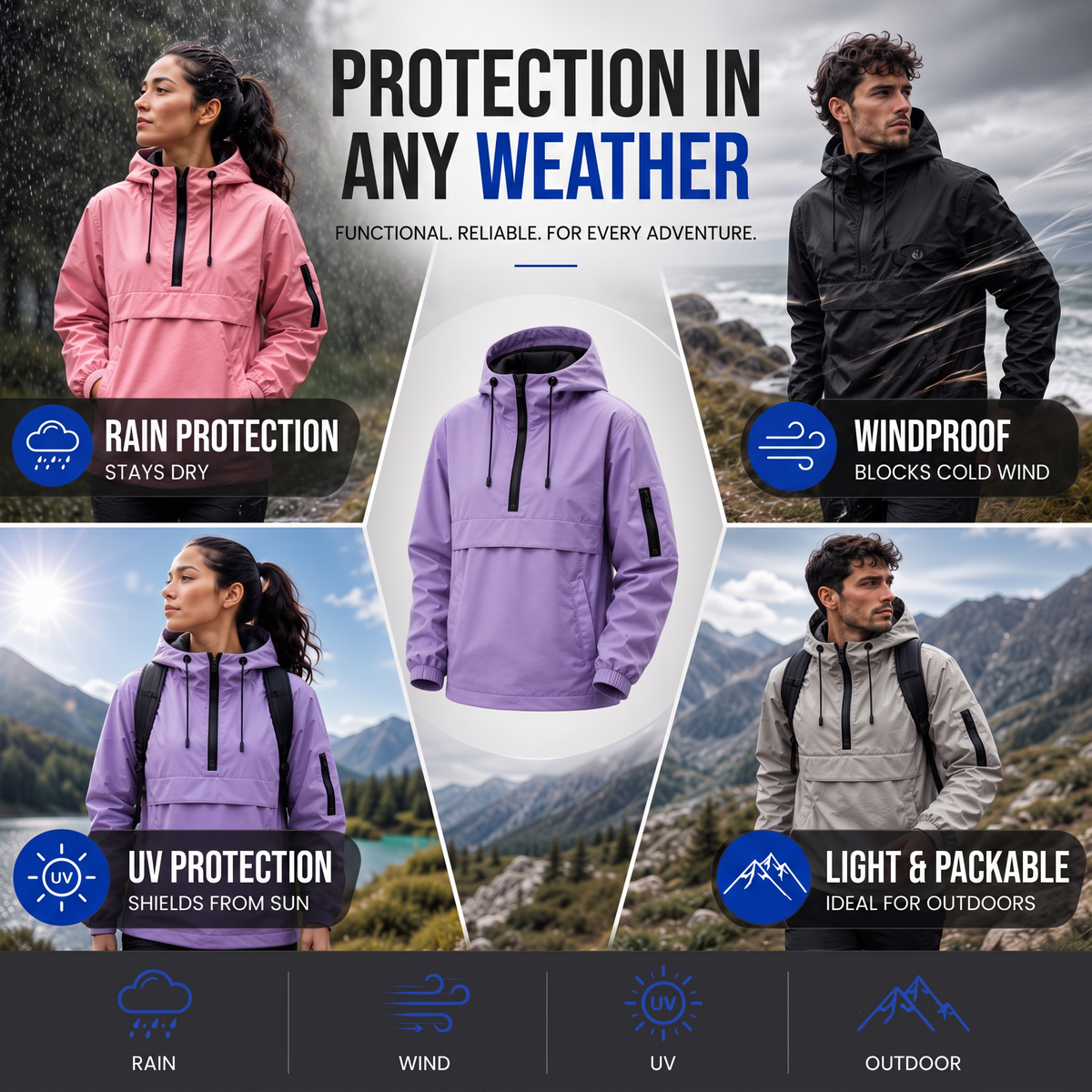 Water-Repellent Windproof Half-Zip Hooded Anorak Jacket, view 3