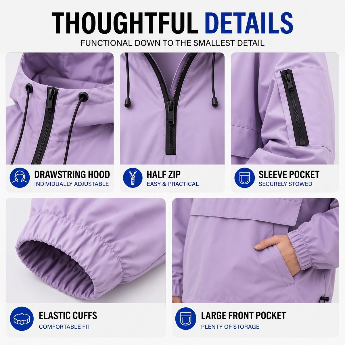 Water-Repellent Windproof Half-Zip Hooded Anorak Jacket, view 5