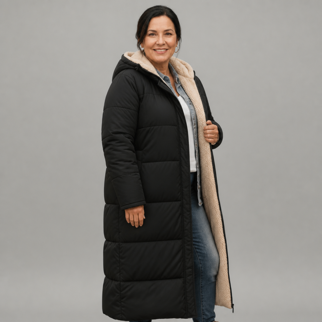 Women's Lightweight Longline Puffer Coat with Built-In Hood, view 2