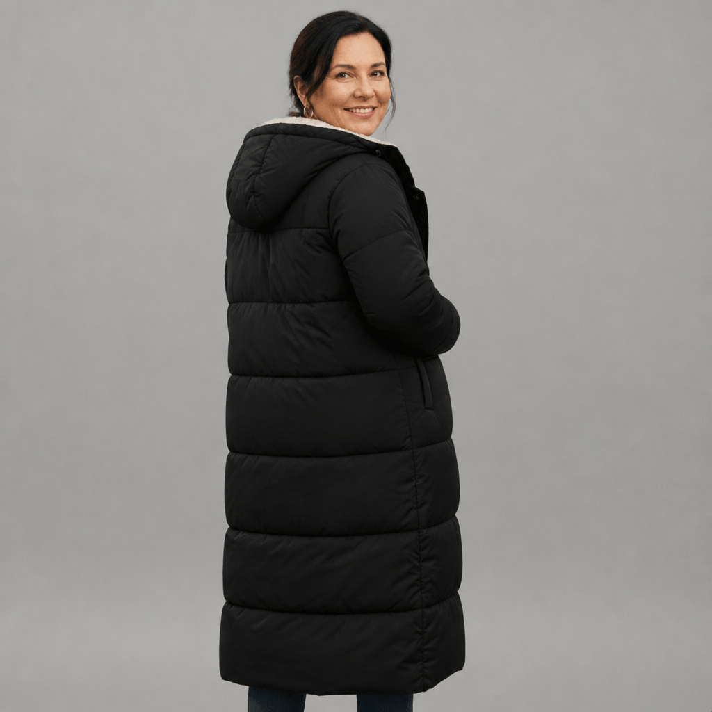 Women's Lightweight Longline Puffer Coat with Built-In Hood, view 3