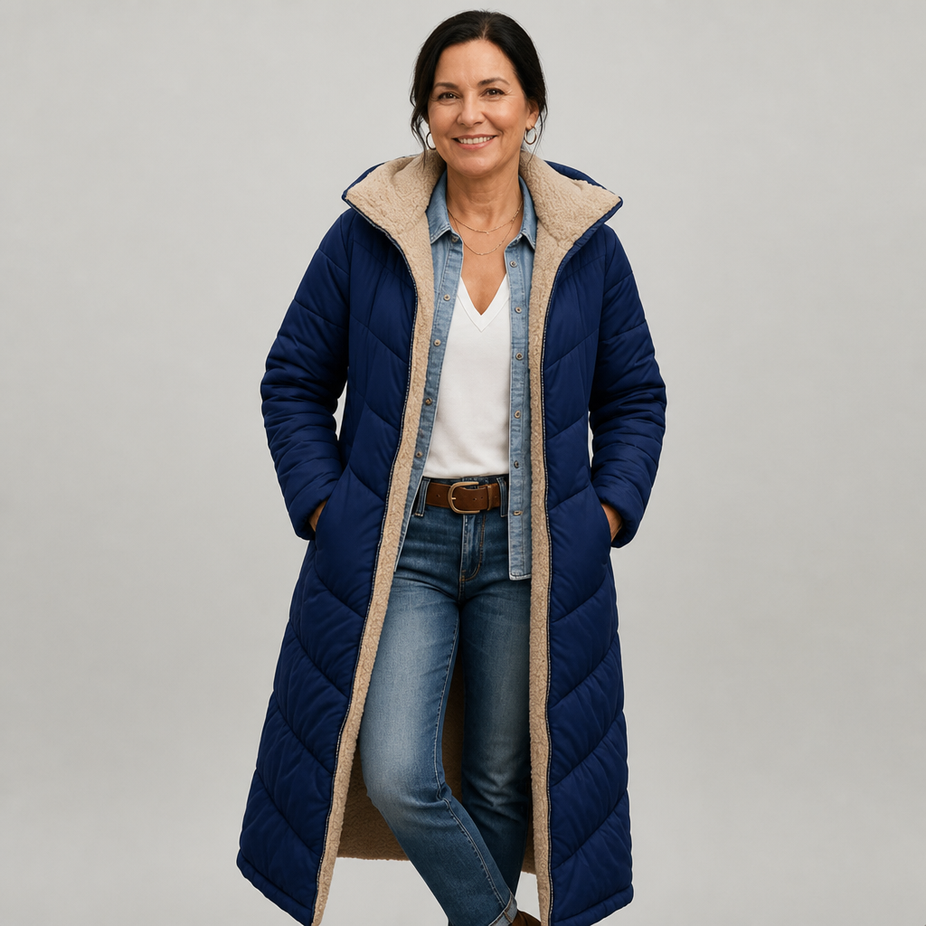 Women's Lightweight Longline Puffer Coat with Built-In Hood, view 4