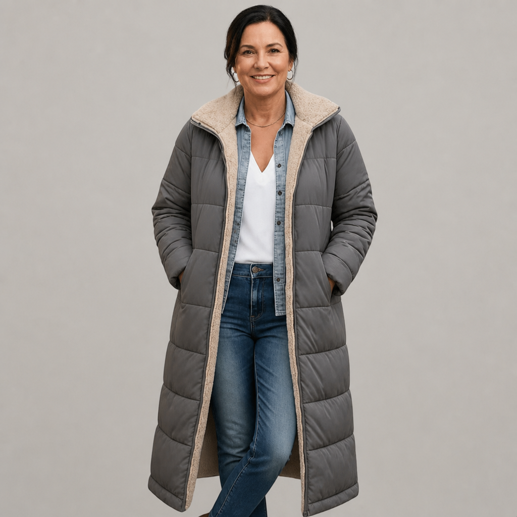 Women's Lightweight Longline Puffer Coat with Built-In Hood, view 5