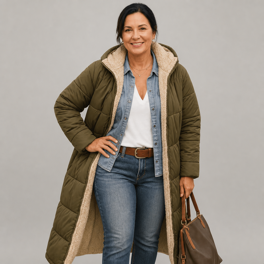 Women's Lightweight Longline Puffer Coat with Built-In Hood, view 6