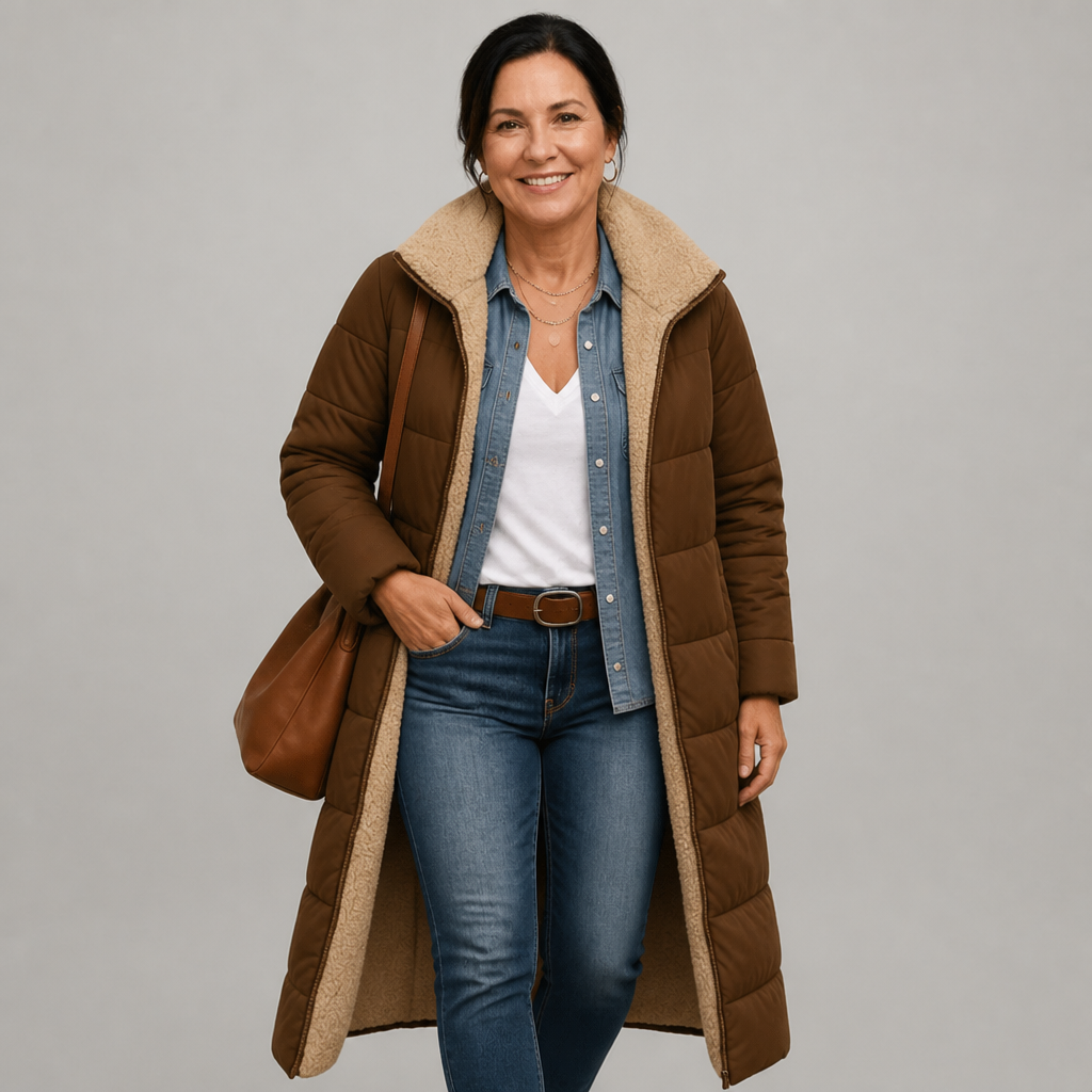 Women's Lightweight Longline Puffer Coat with Built-In Hood, view 8