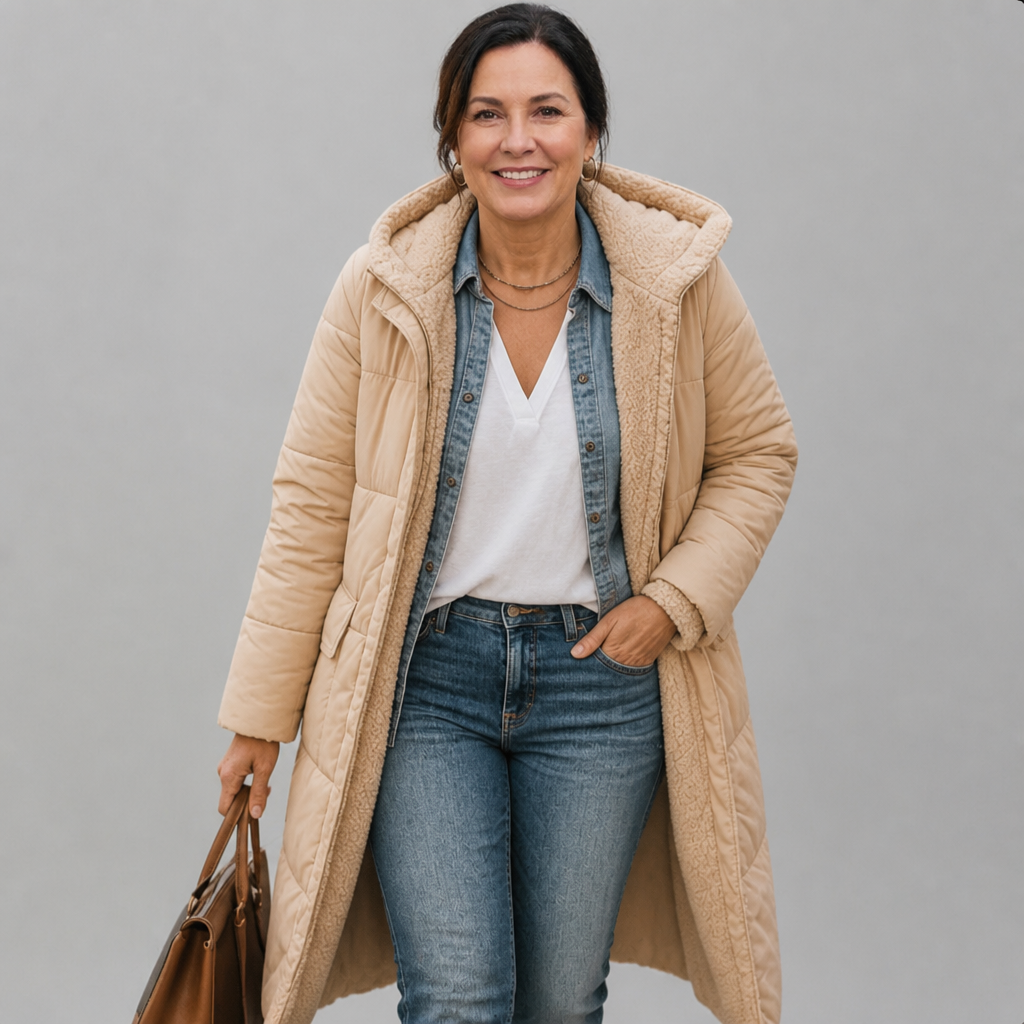 Women's Lightweight Longline Puffer Coat with Built-In Hood, view 9