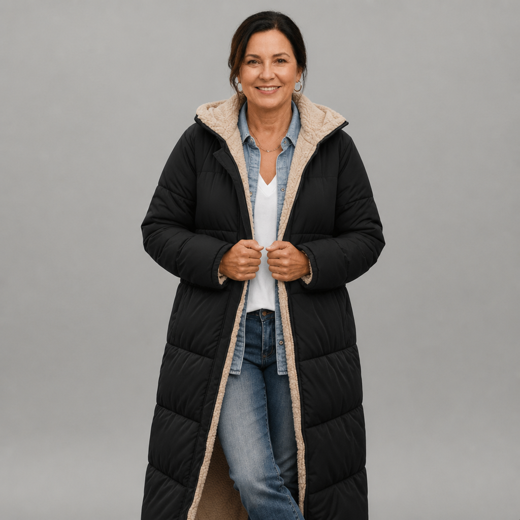 Women's Lightweight Longline Puffer Coat with Built-In Hood in Black