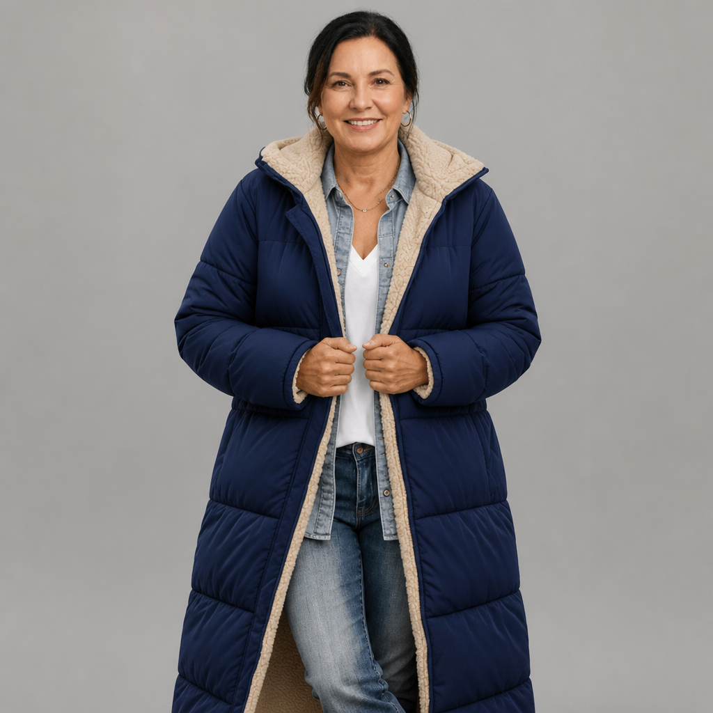 Women's Lightweight Longline Puffer Coat with Built-In Hood in Navy Blue