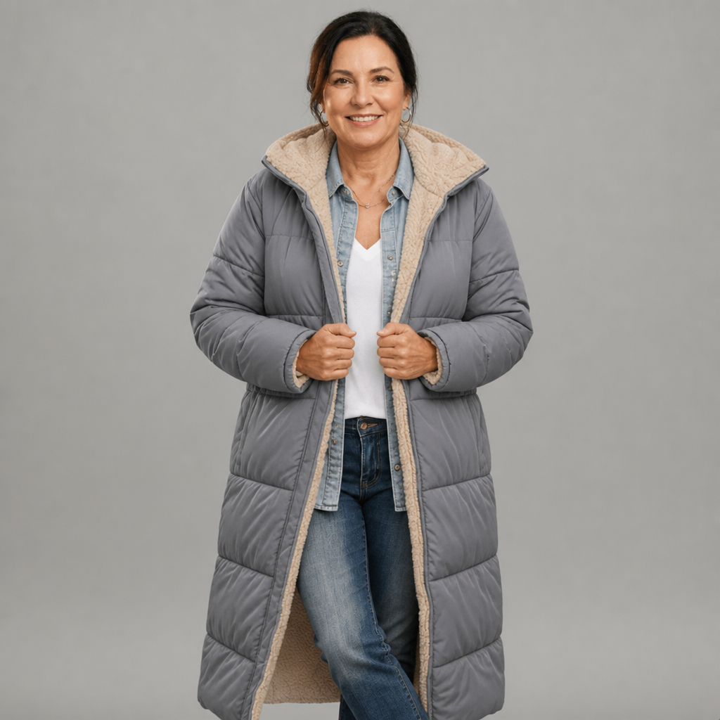 Women's Lightweight Longline Puffer Coat with Built-In Hood in Gray