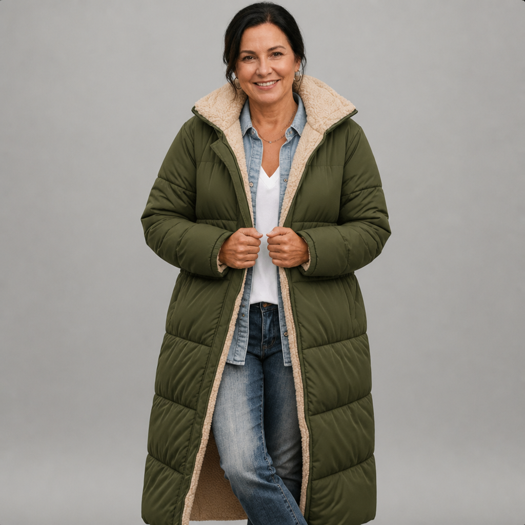Women's Lightweight Longline Puffer Coat with Built-In Hood in Army Green