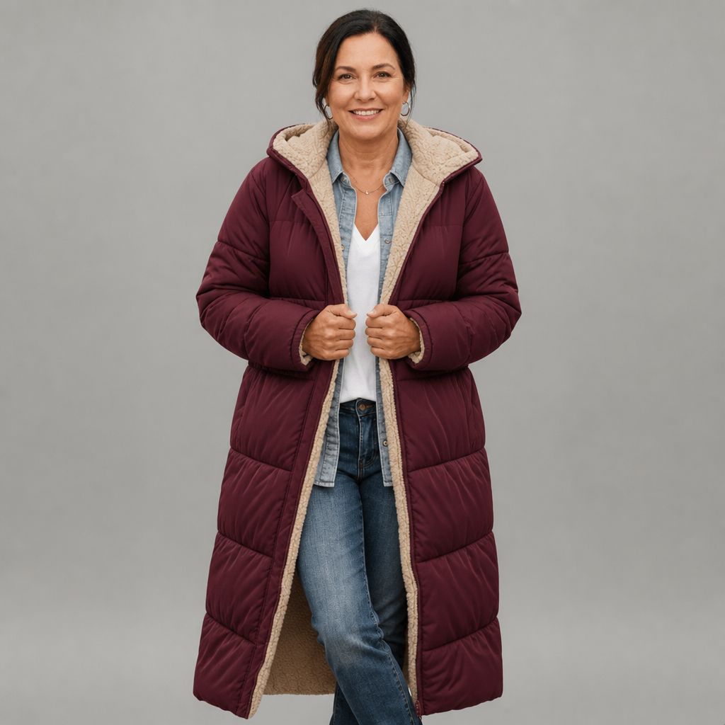 Women's Lightweight Longline Puffer Coat with Built-In Hood in Burgundy