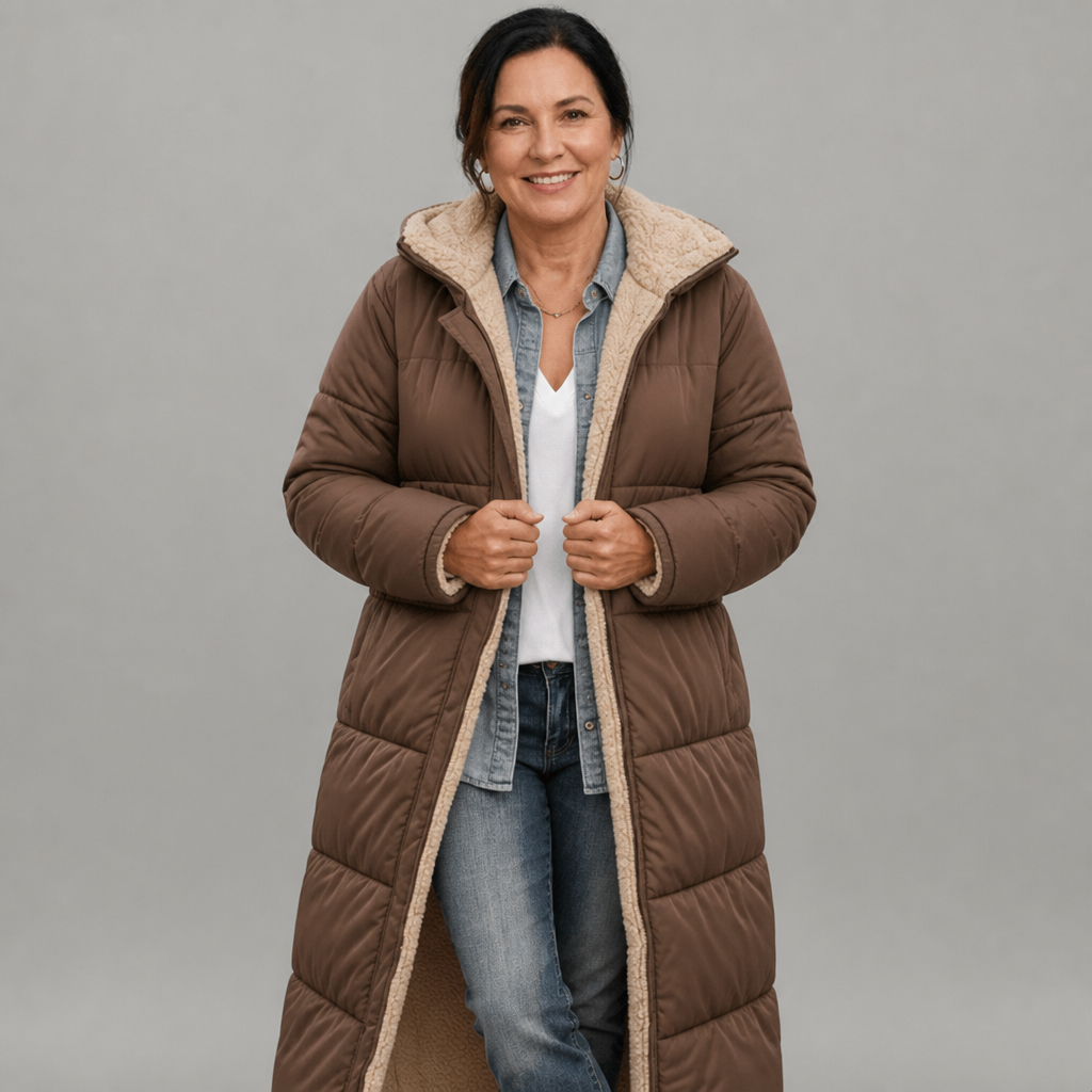 Women's Lightweight Longline Puffer Coat with Built-In Hood in Brown