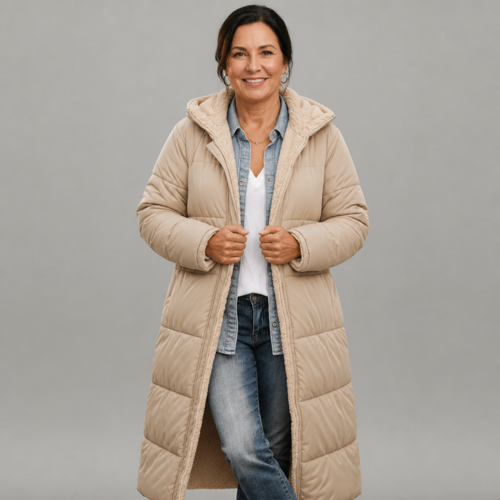 Women's Lightweight Longline Puffer Coat with Built-In Hood in Beige