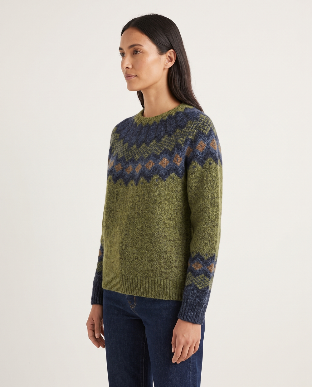 ONORA Ravine Classic Green Nordic Pattern Knit Sweater — three-quarter view