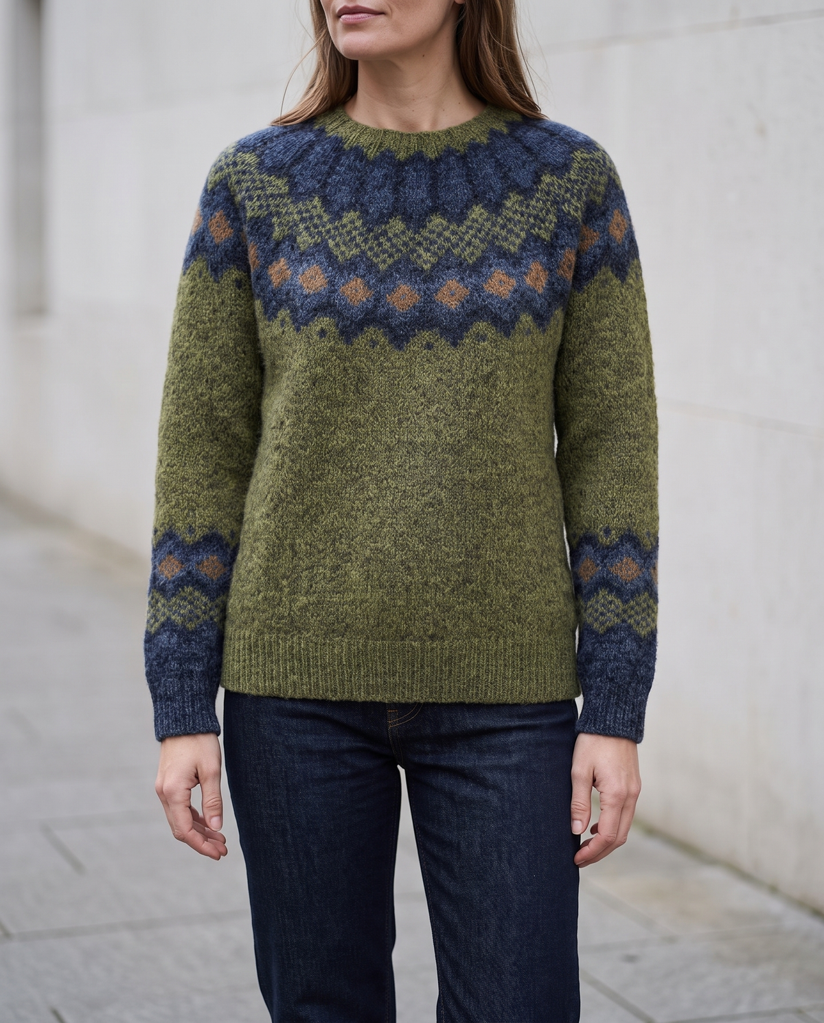 ONORA Ravine Classic Green Nordic Pattern Knit Sweater — worn outdoors