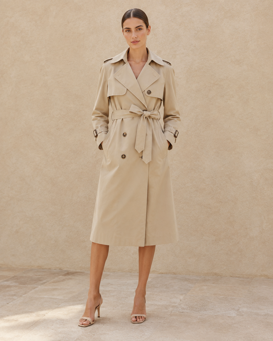 ONORA Ridgemont Double-Breasted Belted Trench Coat — full length front, Beige