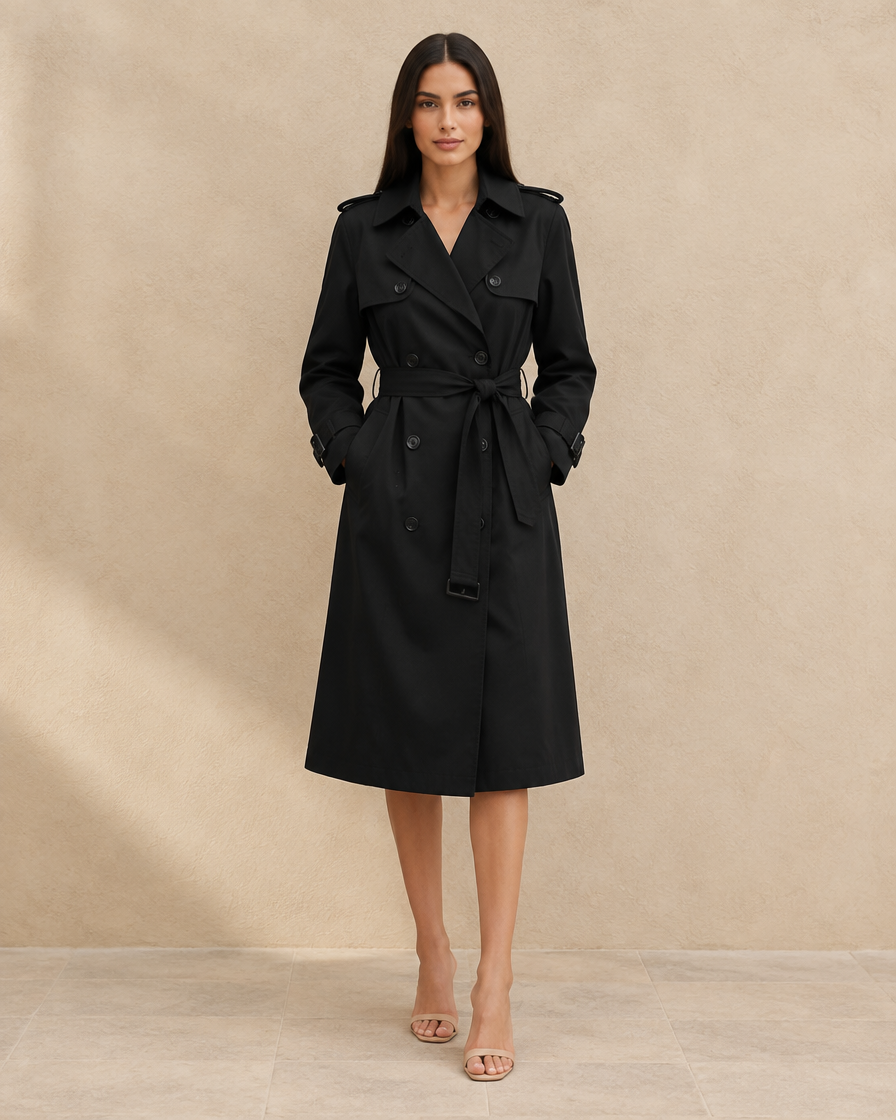 ONORA Ridgemont Double-Breasted Belted Trench Coat — Black