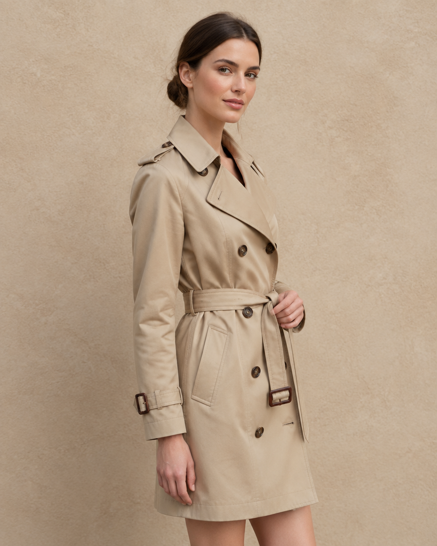 ONORA Ridgemont Double-Breasted Belted Trench Coat — three-quarter view