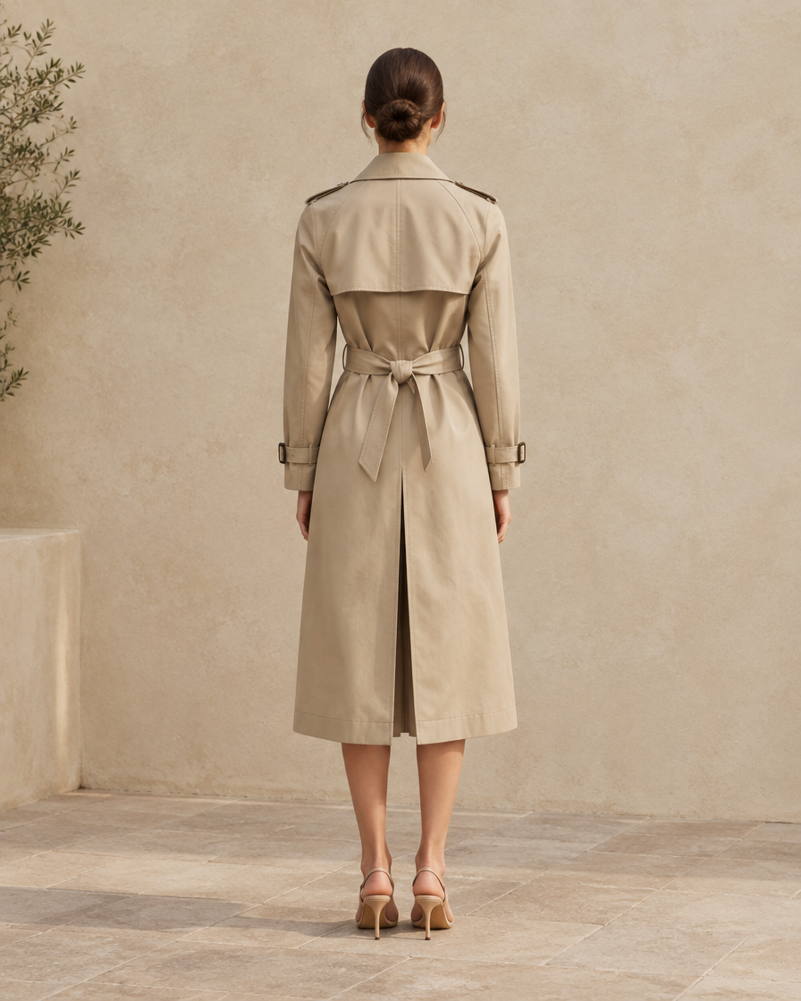 ONORA Ridgemont Double-Breasted Belted Trench Coat — full length back
