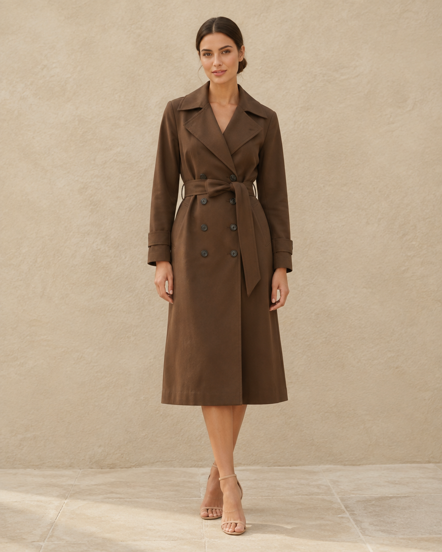 ONORA Everleigh Double-Breasted Belted Trench Coat — full length front, Brown