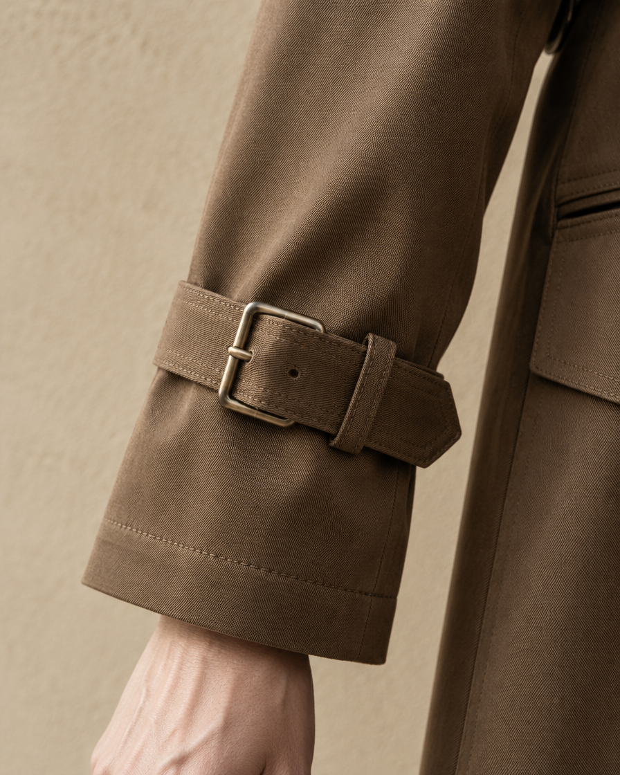 ONORA Everleigh Double-Breasted Belted Trench Coat — cuff strap and buckle detail