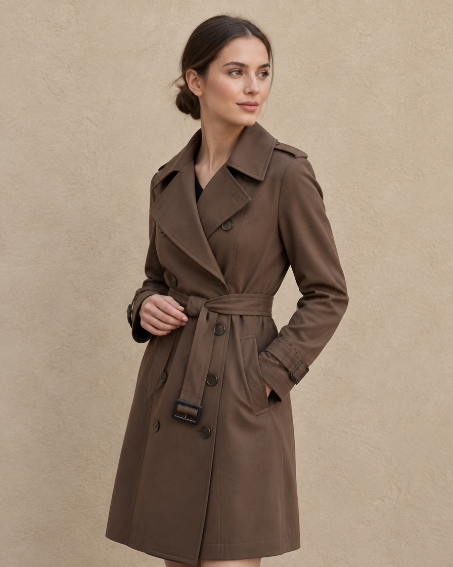 ONORA Everleigh Double-Breasted Belted Trench Coat — three-quarter view