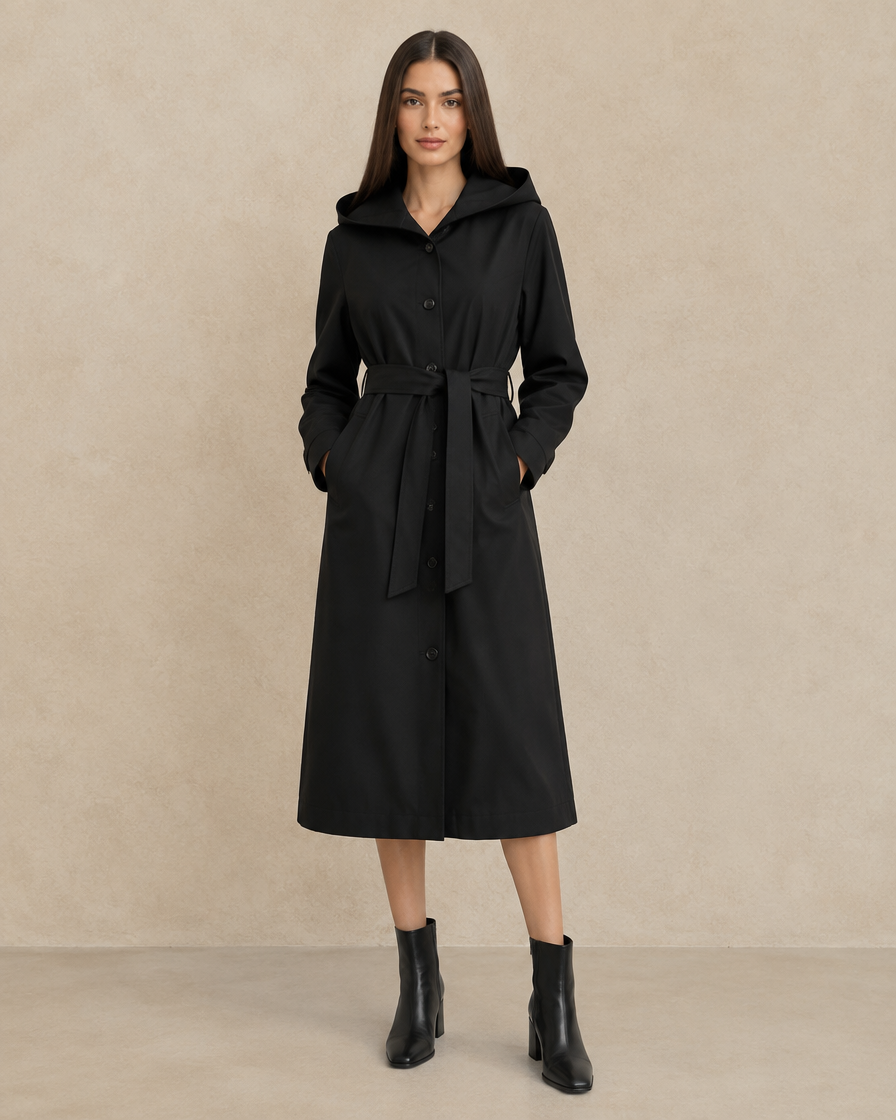 ONORA Hooded Single-Breasted Trench Coat — Black