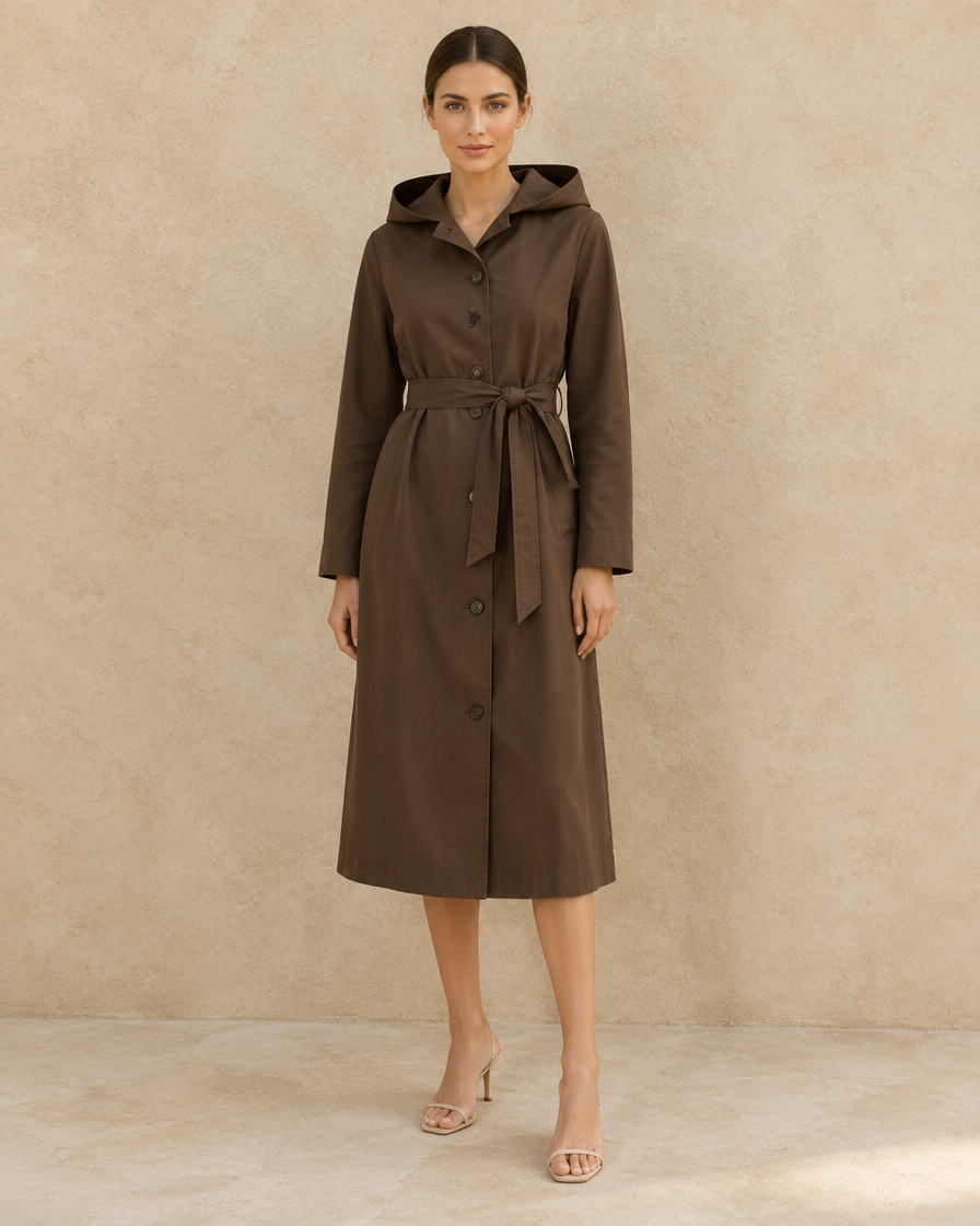 ONORA Hooded Single-Breasted Trench Coat — full length front, Brown