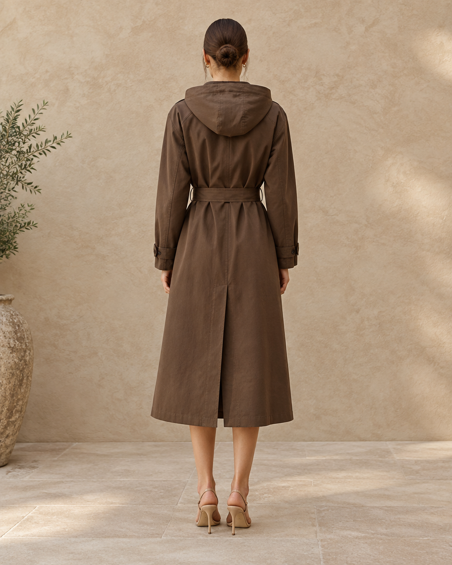 ONORA Hooded Single-Breasted Trench Coat — full length back