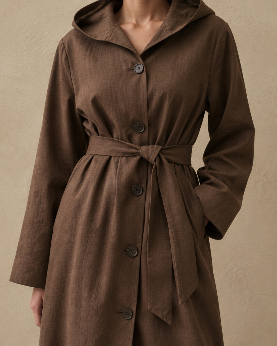 ONORA Hooded Single-Breasted Trench Coat — hood, buttons and belt detail