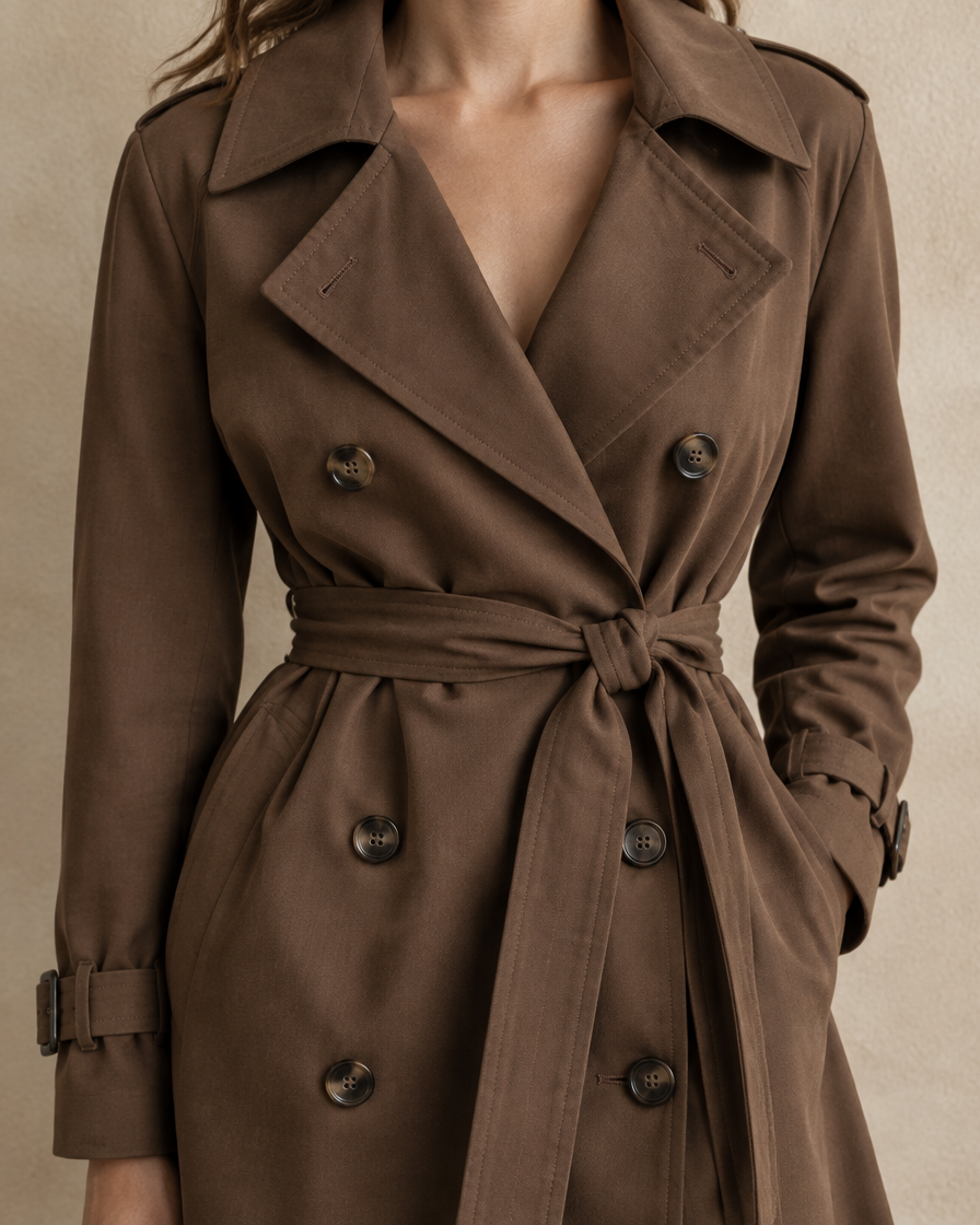 ONORA Everleigh Double-Breasted Belted Trench Coat — double-breasted front and belt detail