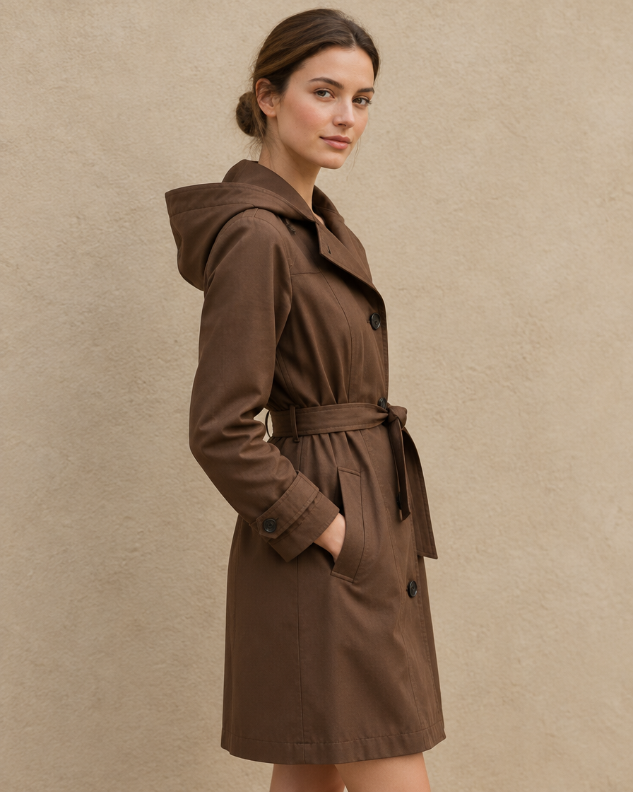 ONORA Hooded Single-Breasted Trench Coat — three-quarter view