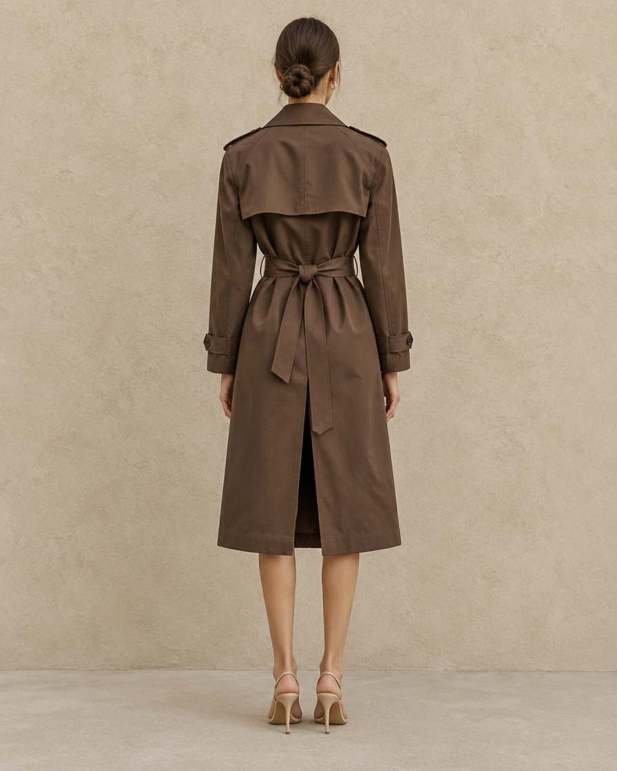 ONORA Everleigh Double-Breasted Belted Trench Coat — full length back