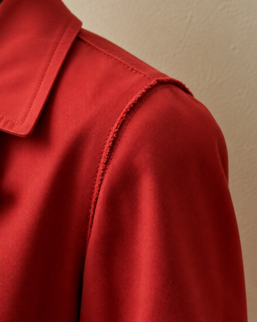 ONORA Corliss Exposed-Seam Long Trench Coat — shoulder seam detail