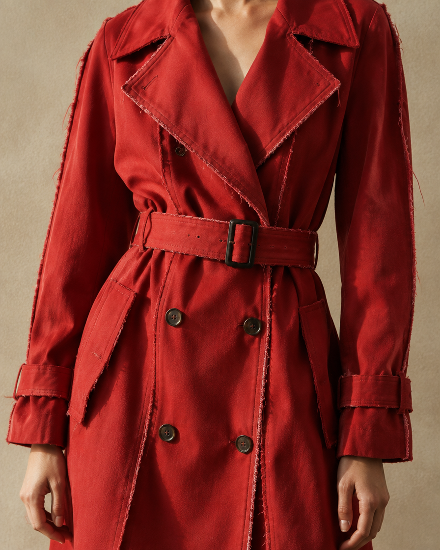 ONORA Corliss Exposed-Seam Long Trench Coat — exposed seam detail